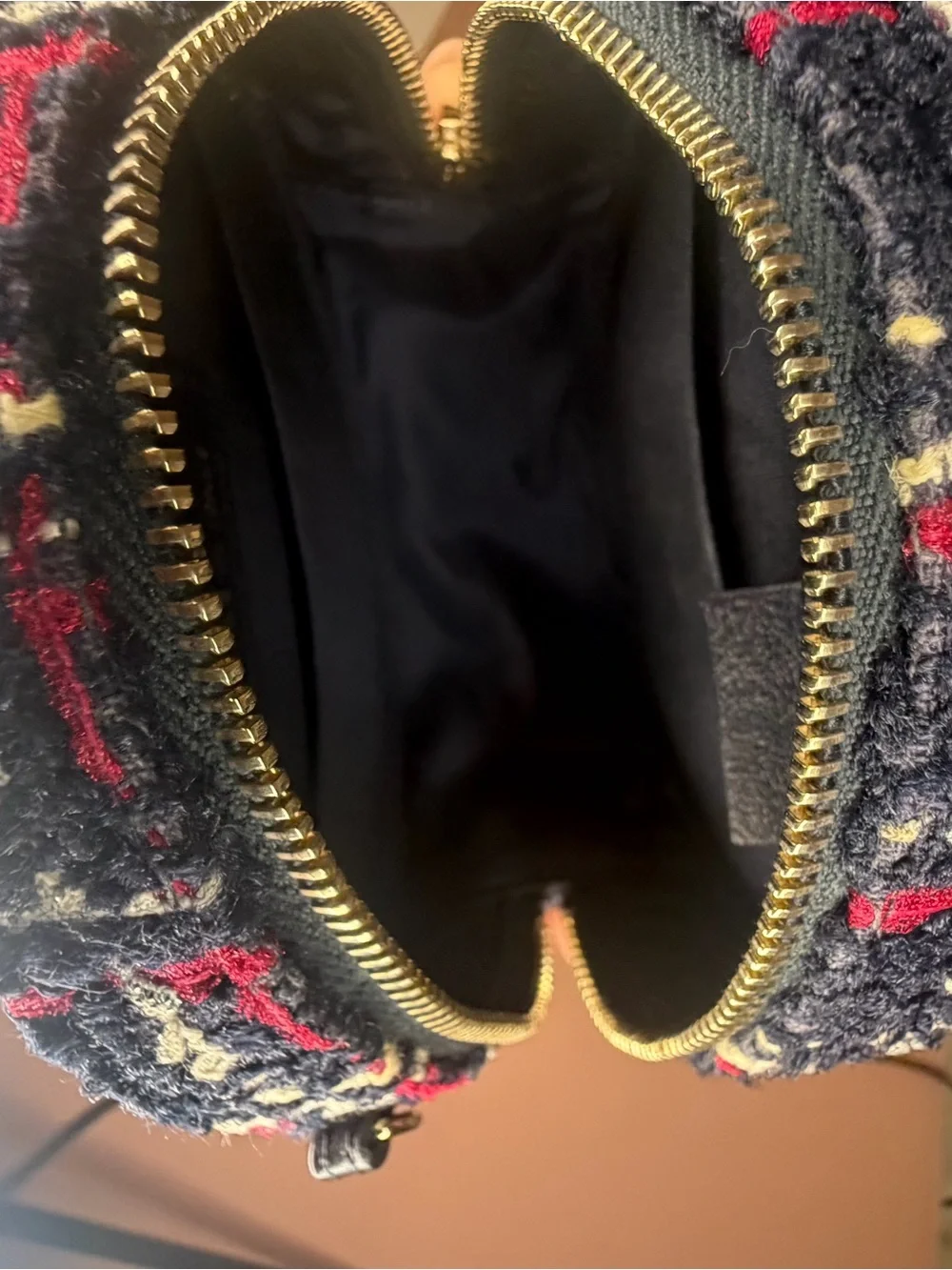 Chanel Filigree Round Clutch with Chain Tweed Navy Red Crossbody Bag